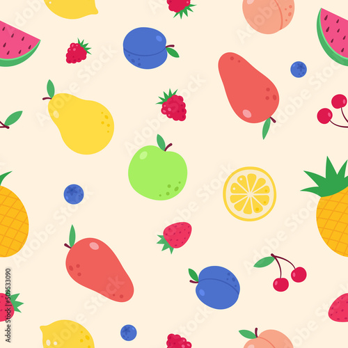 Seamless pattern of fruits and berries. Vector illustration. Summer fresh fruits watermelon, pineapple, strawberry, citrus. Flat style.