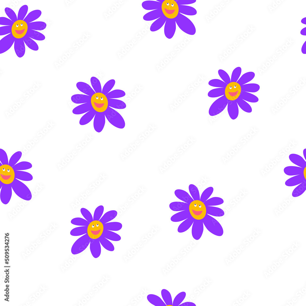 Chamomile flowers with faces seamless pattern. Floral Background, Wallpaper, wrapping paper, poster template. Hand drawn Trendy Vector illustration. Chamomile flowers with faces seamless pattern. Floral Background, Wallpaper, wrapping paper, poster template. Hand drawn Trendy Vector illustration.