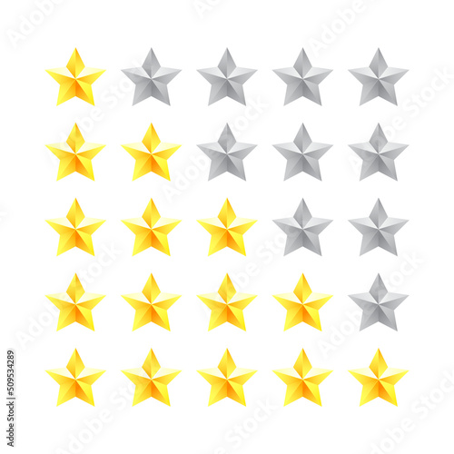 Five star rating badge. The concept of rating from the user. Isolated realistic stars on a white background.