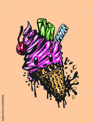 Icecream cone in graffiti style digital painting graphic vector illustration