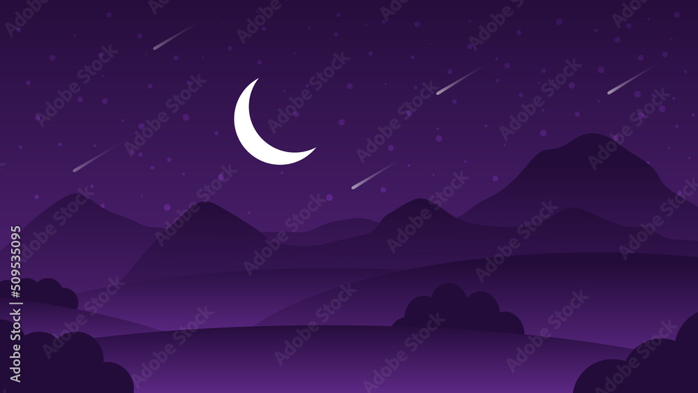 night landscape cartoon scene with hill and tree and moon in starry dark sky