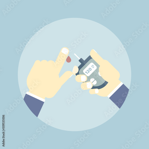blood sugar, glucose level testing with hands, finger and meter, health care concept, flat character design clip art vector illustration cartoon