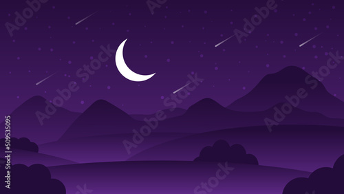 night landscape cartoon scene with hill and tree and moon in starry dark sky