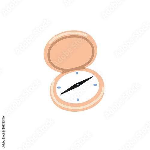Travel compass for orientation, navigation. Nautical tool showing direction with arrows. Marine magnetic item with lid, cover for geo guidance. Flat vector illustration isolated on white background