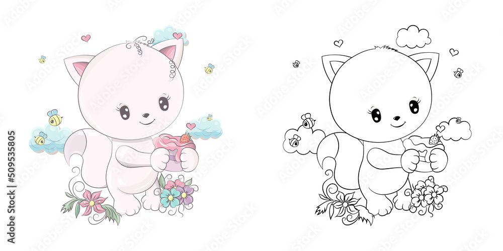 Cute Kitten Clipart Illustration and Black and White. Clip Art Cat with a Strawberry Muffin in its Paws. 