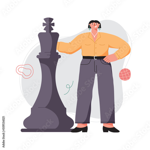 Person stands near chess piece, king. Confident determined woman. Chess game. Business, leadership, strategy and tactics concept. Chess pieces. Flat vector illustration isolated on white background
