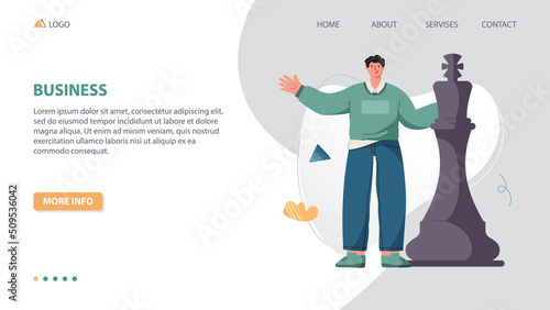 Smiling man stands near chess piece, king. Chess game. Business, leadership, strategy and tactics landing page template concept. Chess pieces. Flat vector illustration isolated on white background