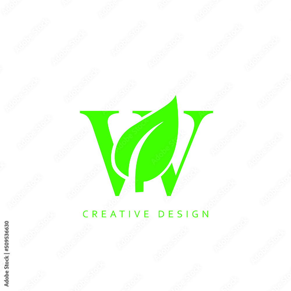 Creative Letter W Leaf Logo Design, Letter W Botanical Logo, Leaf Attached with Alphabet W