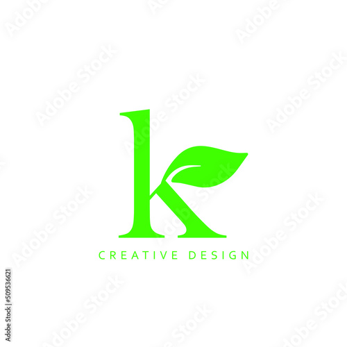 Creative Letter K Leaf Logo Design, Letter K Botanical Logo, Leaf Attached with Alphabet K