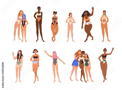 Diverse women set. Happy girls in bikini with different body types, shapes, figures, skin colors, races, weight and height. Females diversity. Flat vector illustrations isolated on white background