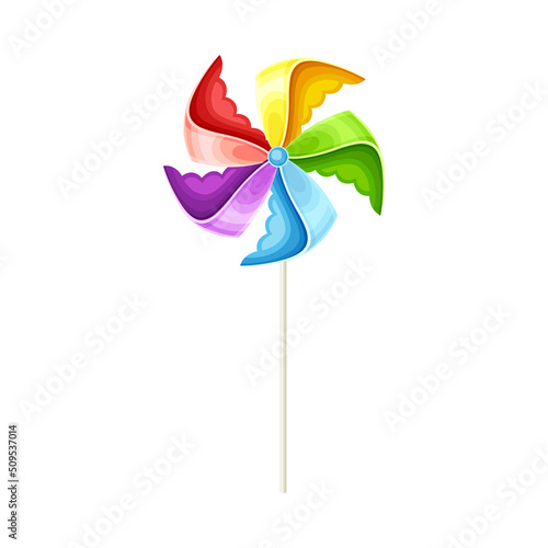 Colorful Pinwheel Toy with Paper Curl Attached to Stick Vector Illustration