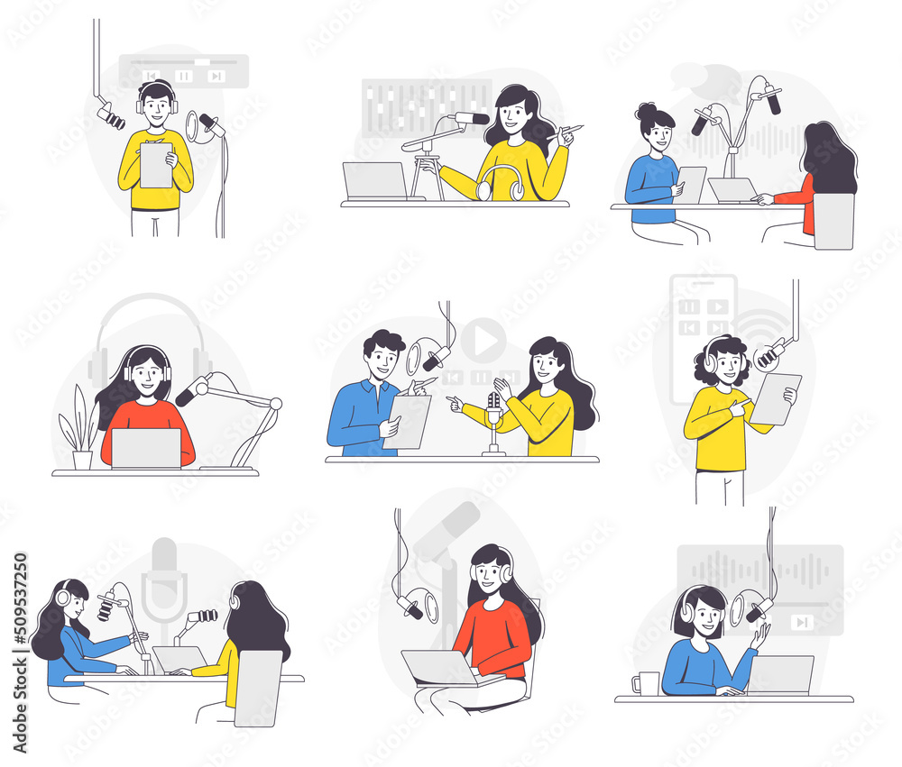 Podcast Recording with Young Man and Woman with Microphone Broadcasting and Live Streaming Outline Vector Set