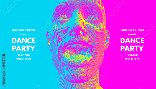 Dance party invitation with date and time details. Music event flyer or banner. Portrait of screaming man with wide open mouth. Shock and awe. Full of emotions. Voxel art. 3D vector illustration.