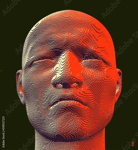 Closeup portrait of man with his eyes closed. 3d voxelized face. Vector illustration. Design for presentations, flyers or posters. photo