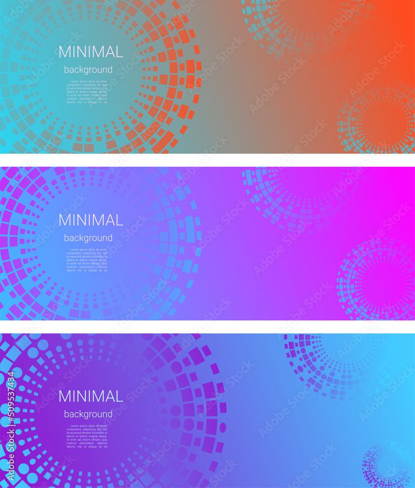 Fototapeta premium Set of Abstract vector templates of a long banner for social networks. Minimal gradient background with halftone circles and RECTANGLES