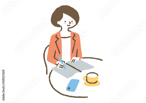 カフェで仕事をする女性_色