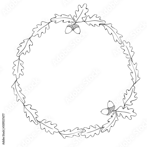 Vector wreath of contour oak leaves and acorns. Round frame, border in doodle style. Theme of happy fall, nature, forest, thanksgiving