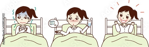 ベッドに入る、体調が悪い若い女性のセットイラスト。悪寒、薬を飲む、回復。
