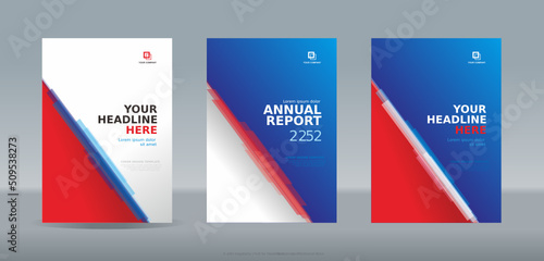 Random horizontal stacked transparent blue red white bars on white blue red background, A4 size book cover template for annual report, magazine, poster, brochure, proposal, company profile, booklet