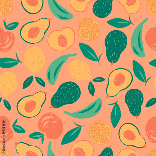 Exotic fruit seamless pattern in hand drawn style. Vector repeat background for colorful summer fabric. Fruit poster with banana, lemon, peach and avocado