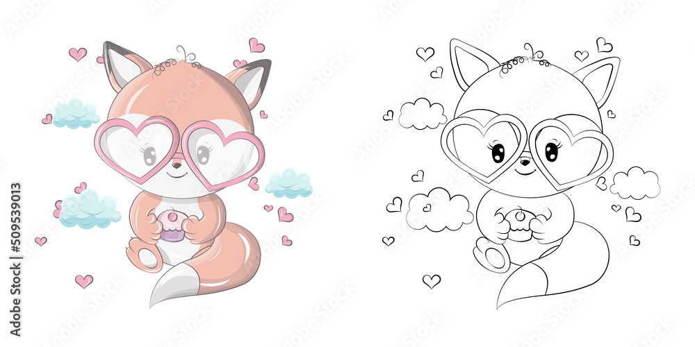Cute Fox Clipart for Coloring Page and Illustration. Clip Art Fox with Glasses and Cupcake. Illustration of an Forest Animal for , Stickers, Baby Shower, Coloring Pages, Prints for Clothes.