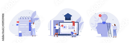 Self development and management illustration set. Characters self-learning with books, online courses or internet tutorials. Education and personal growth concept. Vector illustration.