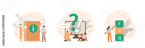 Frequency asked questions and helpdesk illustration set. Characters contacting with helpdesk service, asking questions and receiving answers. Customer support concept. Vector illustration.