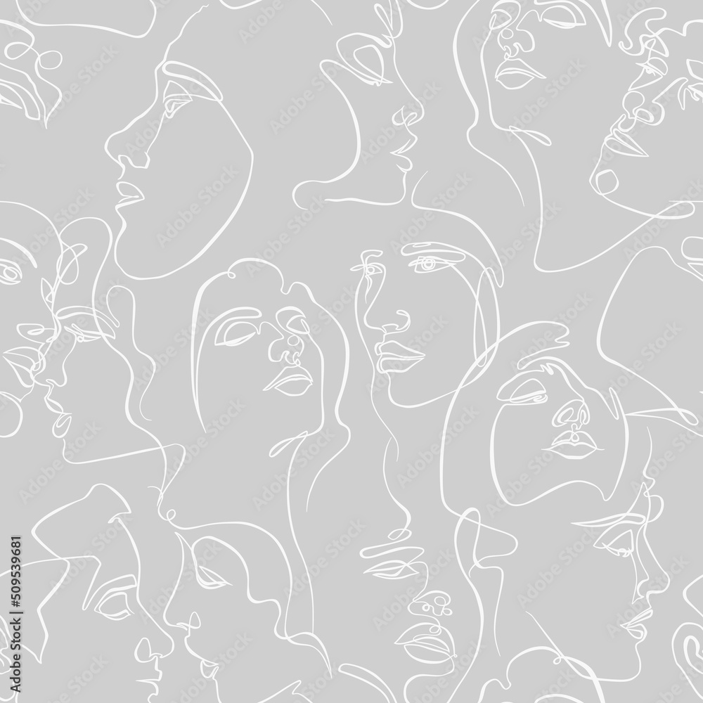 One line face seamless pattern. Abstract woman and man faces. Grey background