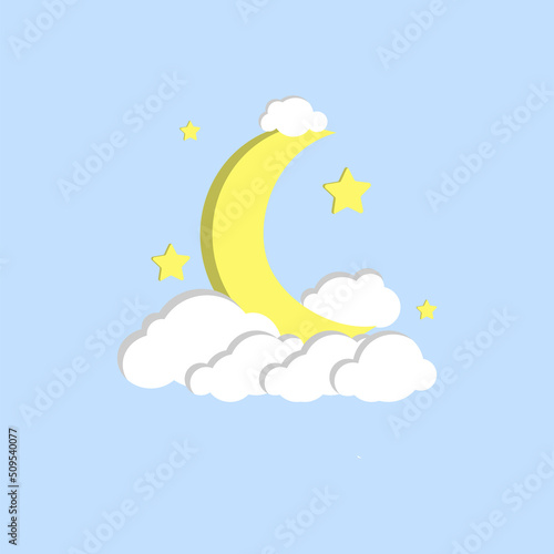 A crescent moon, stars and white clouds. Children's vector illustration