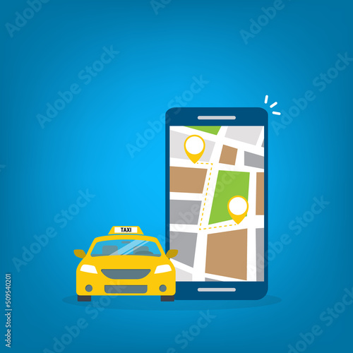 Taxi online service on mobile application with yellow taxicab and location. Get a taxi. Concept for order taxi service.	