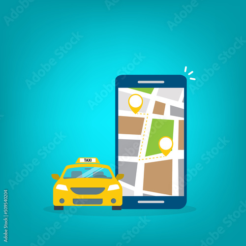 Taxi online service on mobile application with yellow taxicab and location. Get a taxi. Concept for order taxi service.	