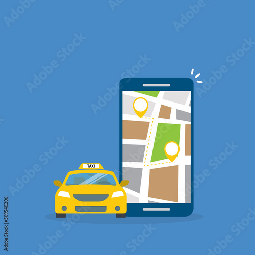 Taxi online service on mobile application with yellow taxicab and location. Get a taxi. Concept for order taxi service.	