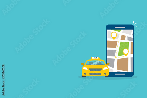 Taxi online service on mobile application with yellow taxicab and location. Get a taxi. Concept for order taxi service.	