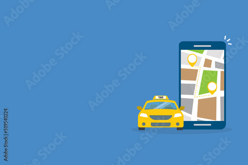 Taxi online service on mobile application with yellow taxicab and location. Get a taxi. Concept for order taxi service.	