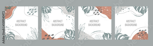 Botanical set. Trendy abstraction editable template for social media post, tropical leaves, green, orange, earthy colours. Vector illustration. Social media background design.