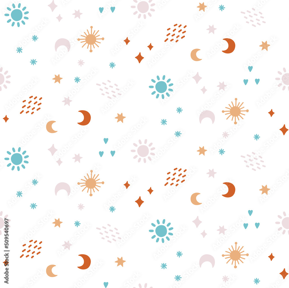 Sky stars cosmic boho hand drawn seamless vector pattern. Can be used for nursery and newborn goods Sky stars cosmic boho hand drawn seamless vector pattern. Can be used for nursery and newborn goods