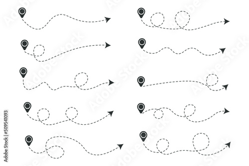 Set of dashed line arrows with location icon, flat design 