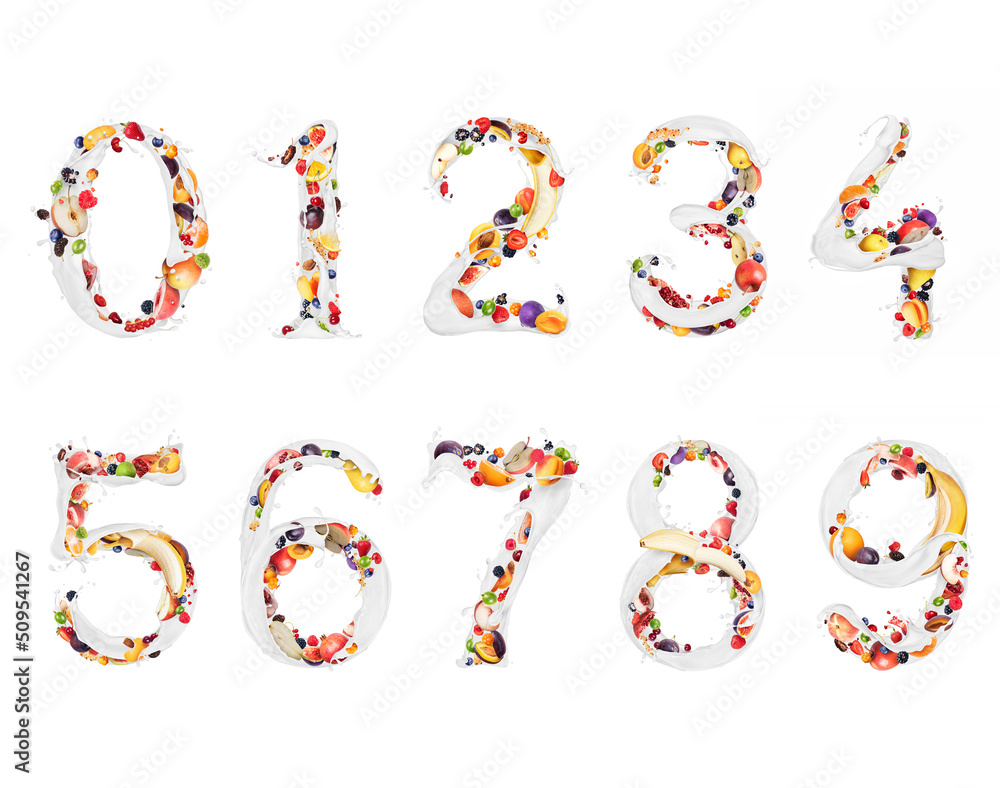 Numbers made of milk splashes with fruits and berries, isolated on a white background Numbers made of milk splashes with fruits and berries, isolated on a white background