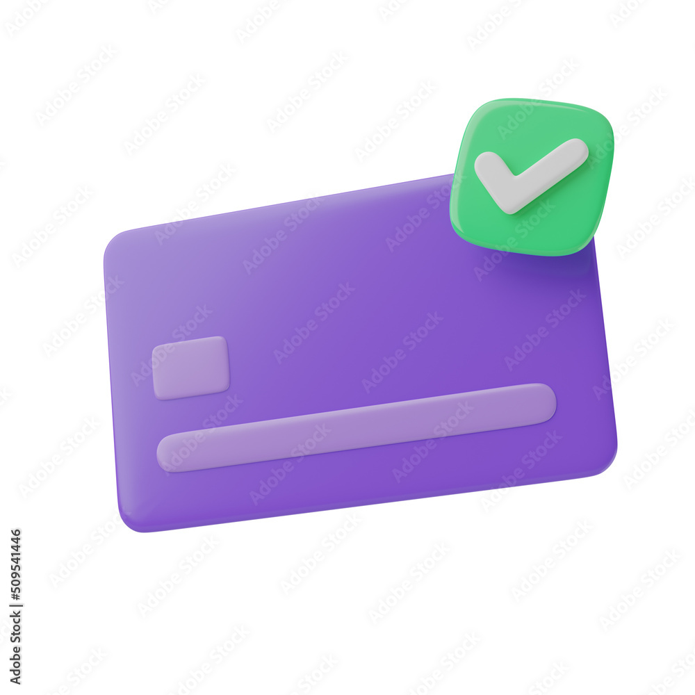 Cashless payment or credit card with check mark, verified, accepted icon or symbol isolated in white background. 3D illustration Cashless payment or credit card with check mark, verified, accepted icon or symbol isolated in white background. 3D illustration