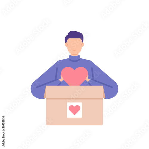 donations, humanitarian aid, alms. donation box. a generous man gives a favor or heart. donors and volunteers. charity event. flat cartoon illustration. concept design