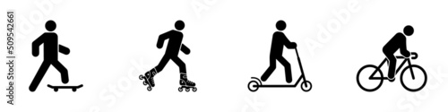 Man on Skate Board Kick Scooter Bike Rollerskate Black Silhouette Icon Set. Person Rent Roller Skate Skateboard Bicycle Glyph Pictogram. Active Transport Flat Symbol. Isolated Vector Illustration