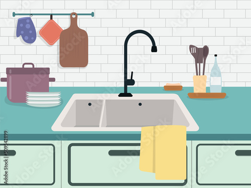 Vector illustration of a beautiful kitchen. Cartoon interior with sink, dishes, towels, kitchen utensils hanging nearby.