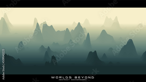 Abstract green landscape with misty fog till horizon over mountain slopes. Gradient eroded terrain surface. Worlds beyond.