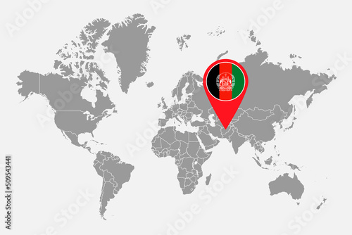 Pin map with Afghanistan flag on world map.Vector illustration.