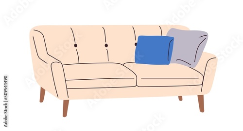 Mid-century retro couch design. Trendy sofa with cushions for living room interior. Cozy soft lounge furniture on wood legs with pillows. Colored flat vector illustration isolated on white background