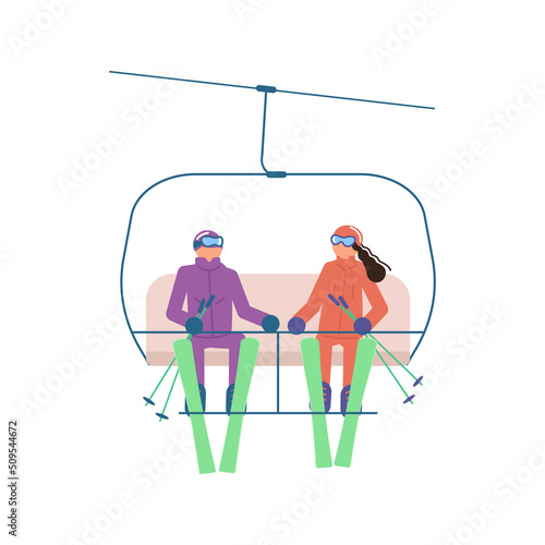 Pair of cartoon skiers in ski elevator isolated on white background
