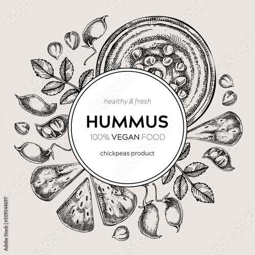 Hummus wreath vintage design. Mediterranean food, ingredients, plants, pita sketches. Vegan food illustration. Hand-drawn hummus in plate, pita, and chickpeas for menu, recipe, or packaging