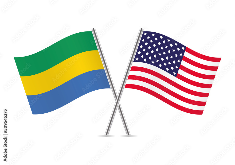 Obraz premium Gabon and America crossed flags. Gabonese and American flags on white background. Vector icon set. Vector illustration.