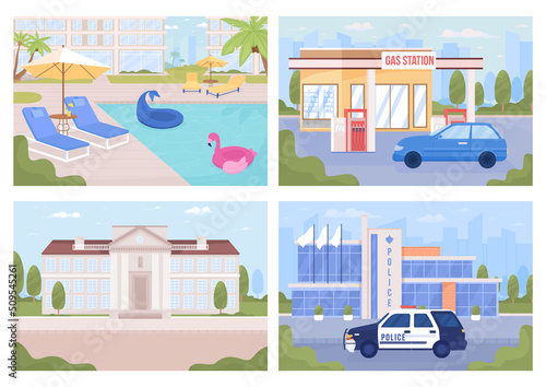Modern city view and poolside flat color vector illustrations set. Scenes. Fully editable 2D simple cartoon landscapes with buildings on background pack. Bebas Neue, Akrobat fonts used