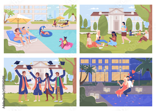 Public and private places in city flat color vector illustrations set. Citizens in different locations. Fully editable 2D simple cartoon characters with contemporary cityscapes on background pack